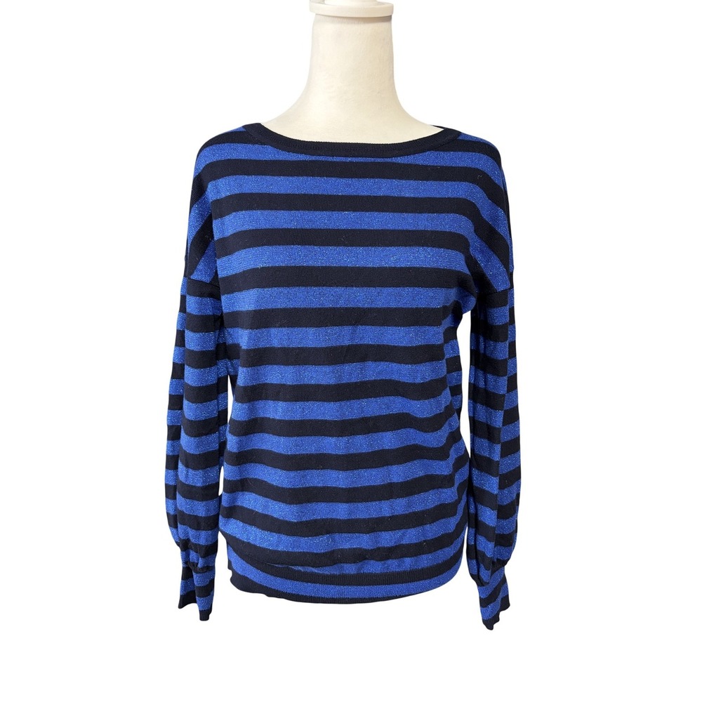 Boden Sweater Womens Small‎ Blue Striped Boat Neck Glitter Pullover Long Sleeve
